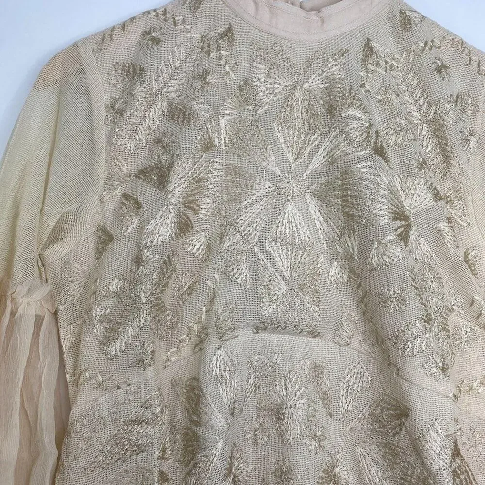 Free People Mini Boho Dress Women Size 0 Cream Embroidered Witch‎ Fairy Concert